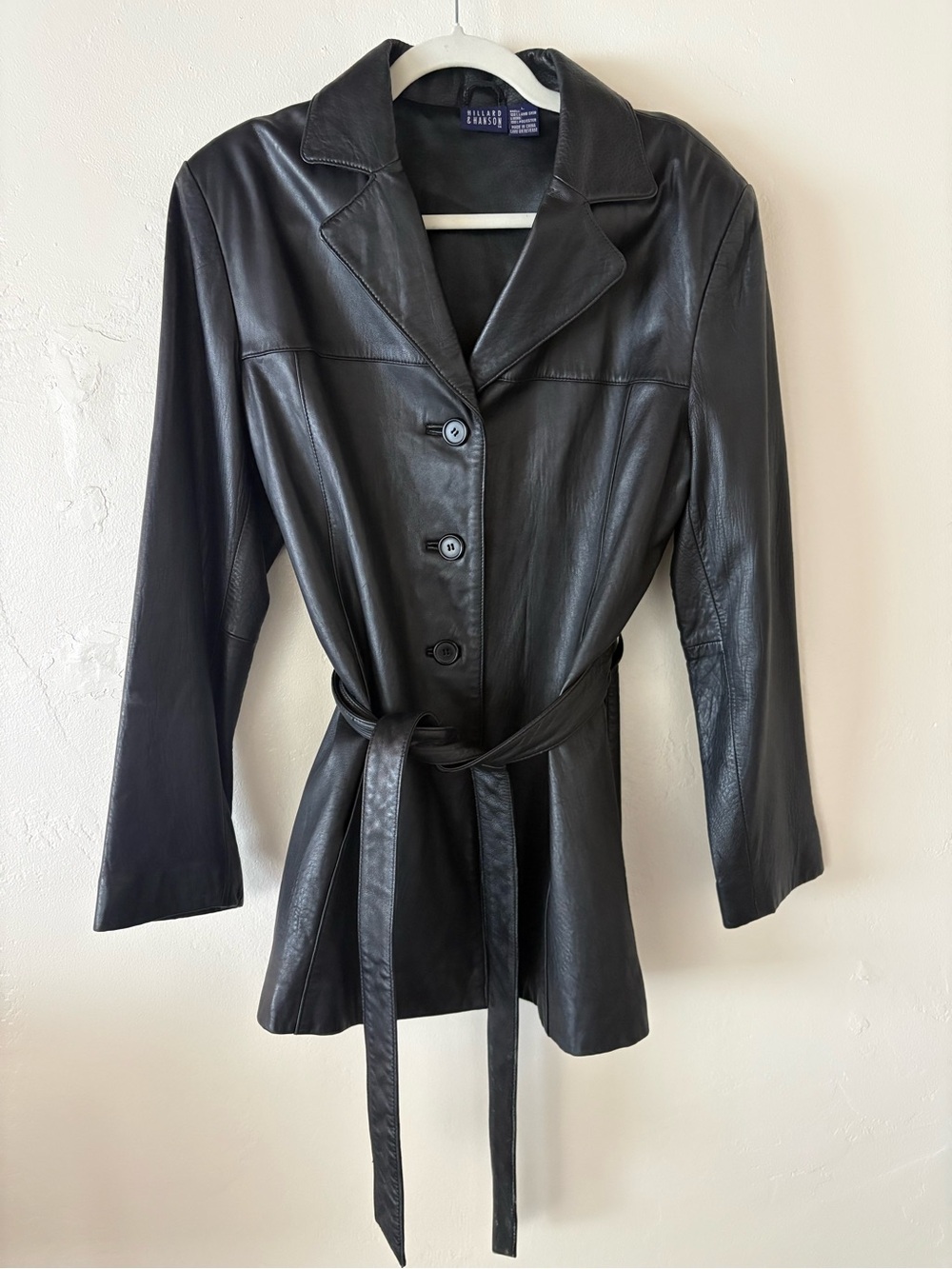 Hillard & Hanson Black Lamb Skin Leather Trench Coat Belted Vintage L